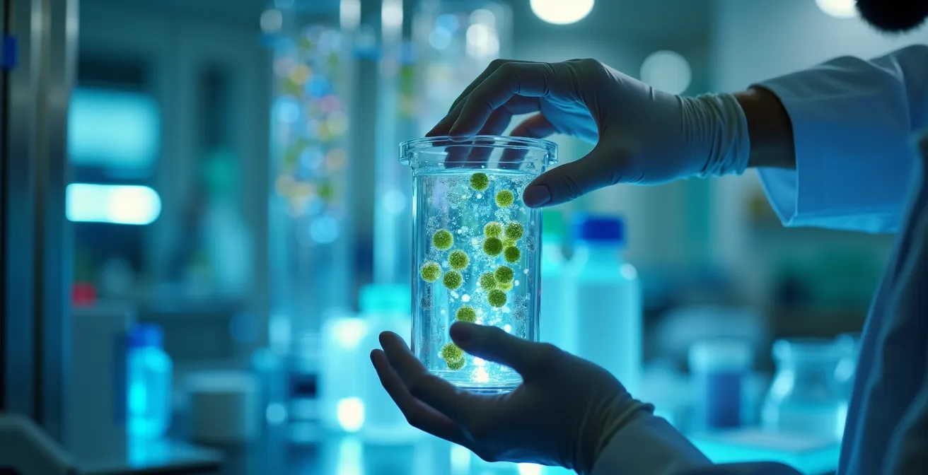 Conceptual illustration depicting biomolecule purification as the unseen backbone of modern medicine