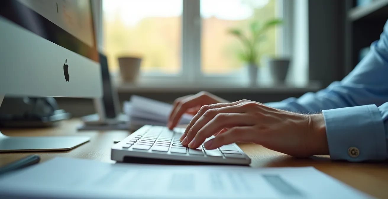 Close-up view of hands working at an organized desk with natural lighting and clean surfaces