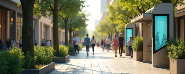 Modern city street with innovative smart street furniture integrating technology and green design