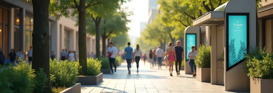 Modern city street with innovative smart street furniture integrating technology and green design