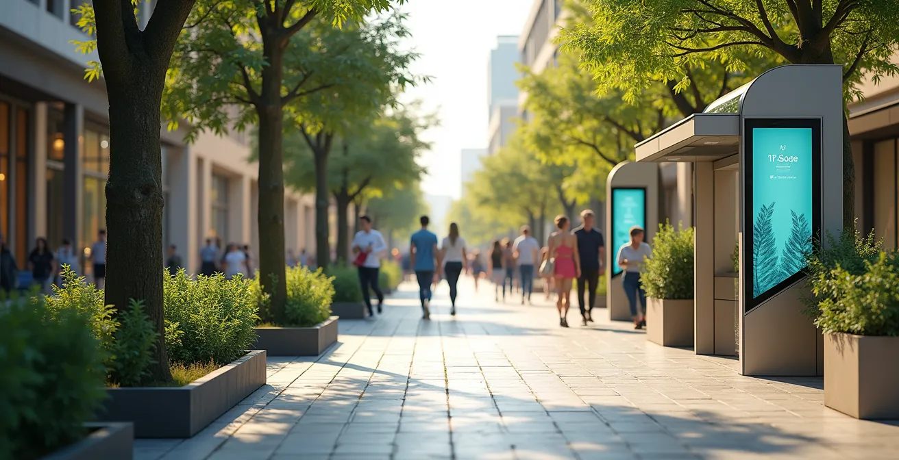 Modern city street with innovative smart street furniture integrating technology and green design