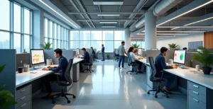 Professional modern office environment showcasing clean workspaces and employee productivity