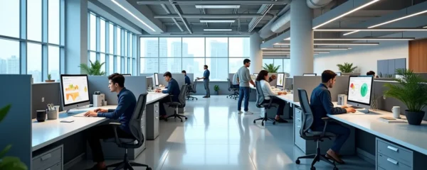 Professional modern office environment showcasing clean workspaces and employee productivity