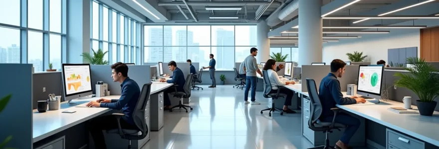 Professional modern office environment showcasing clean workspaces and employee productivity