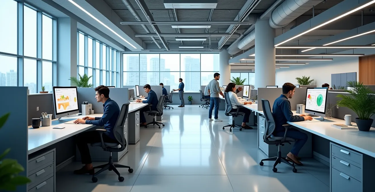 Professional modern office environment showcasing clean workspaces and employee productivity