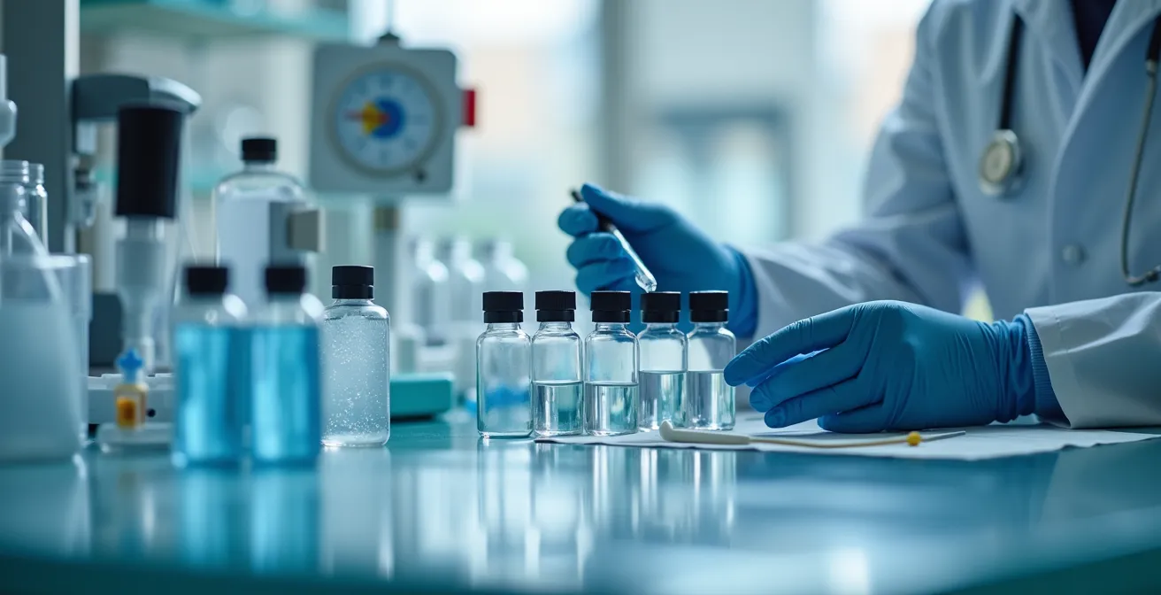 Medical and laboratory equipment illustrating the process of translating purified biomolecules into patient therapies