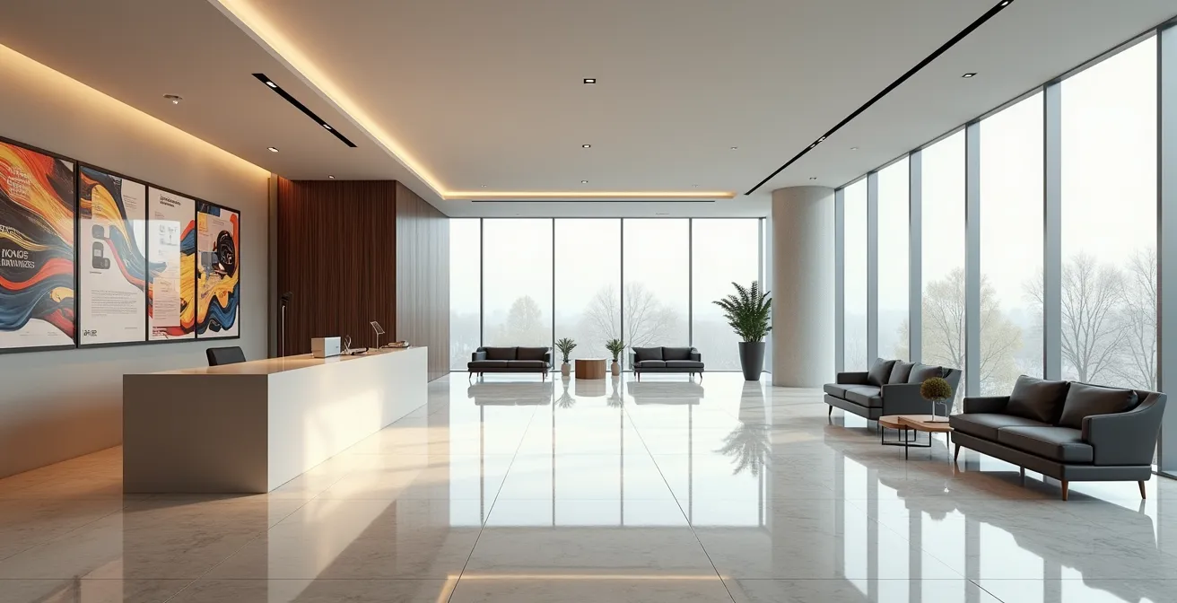 Elegant business reception area with pristine surfaces and welcoming atmosphere