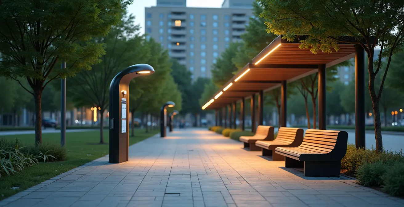 Conceptual illustration of smart street furniture enhancing safety, economy, and community interaction