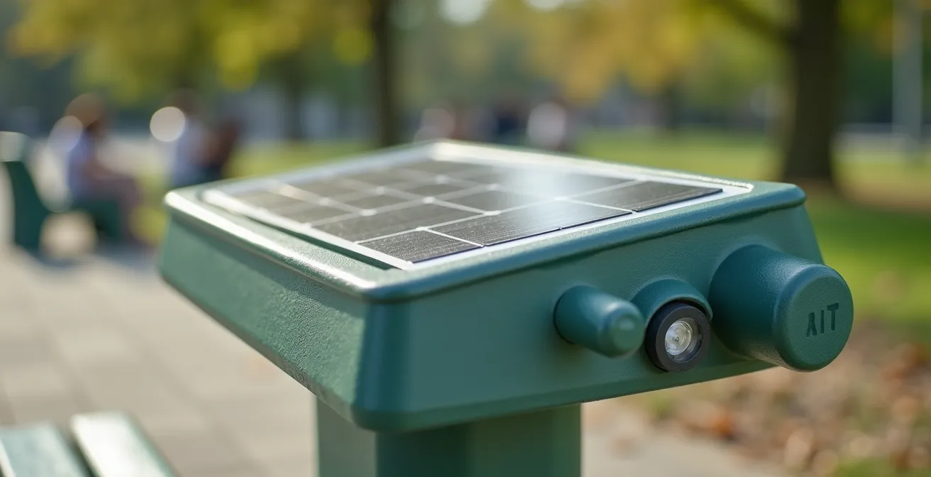 Conceptual sustainable smart street furniture made with eco-friendly materials in a green urban setting