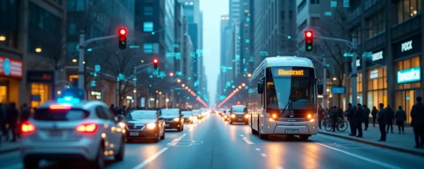 A futuristic urban scene with interconnected smart transportation modes featuring 5G, IoT devices, and autonomous vehicles