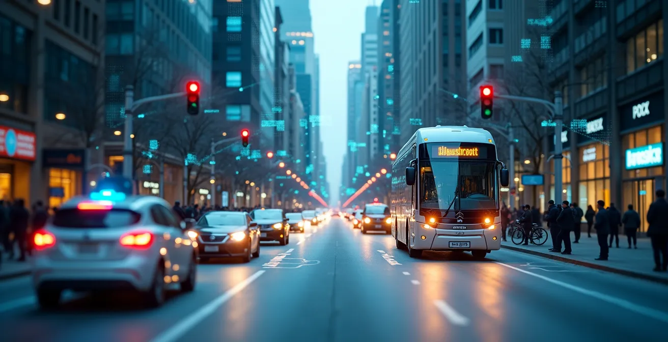 A futuristic urban scene with interconnected smart transportation modes featuring 5G, IoT devices, and autonomous vehicles