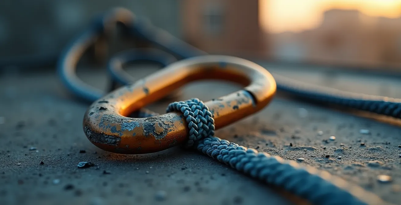 Close-up of weathered safety equipment showing wear patterns and usage indicators