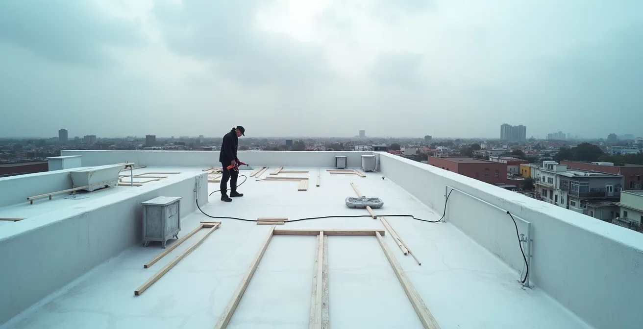 Roofing professional using digital tools and modern equipment on job site
