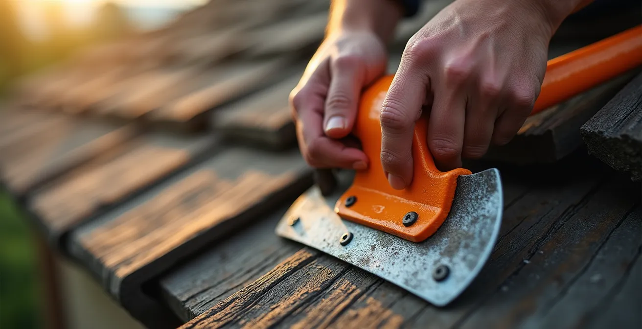 Close-up of modern ridge anchor system being installed on steep roof