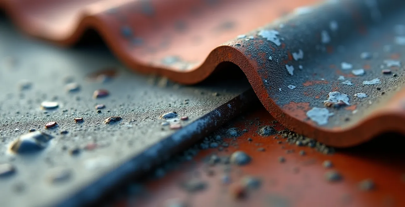 Extreme close-up of different roofing materials showing expansion gaps and texture contrasts